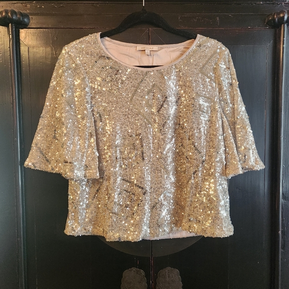 Skies Are Blue Tops - Skies Are Blue Top, Silver Sequined Cropped, Sz Small EUC Party, Cocktail, Club